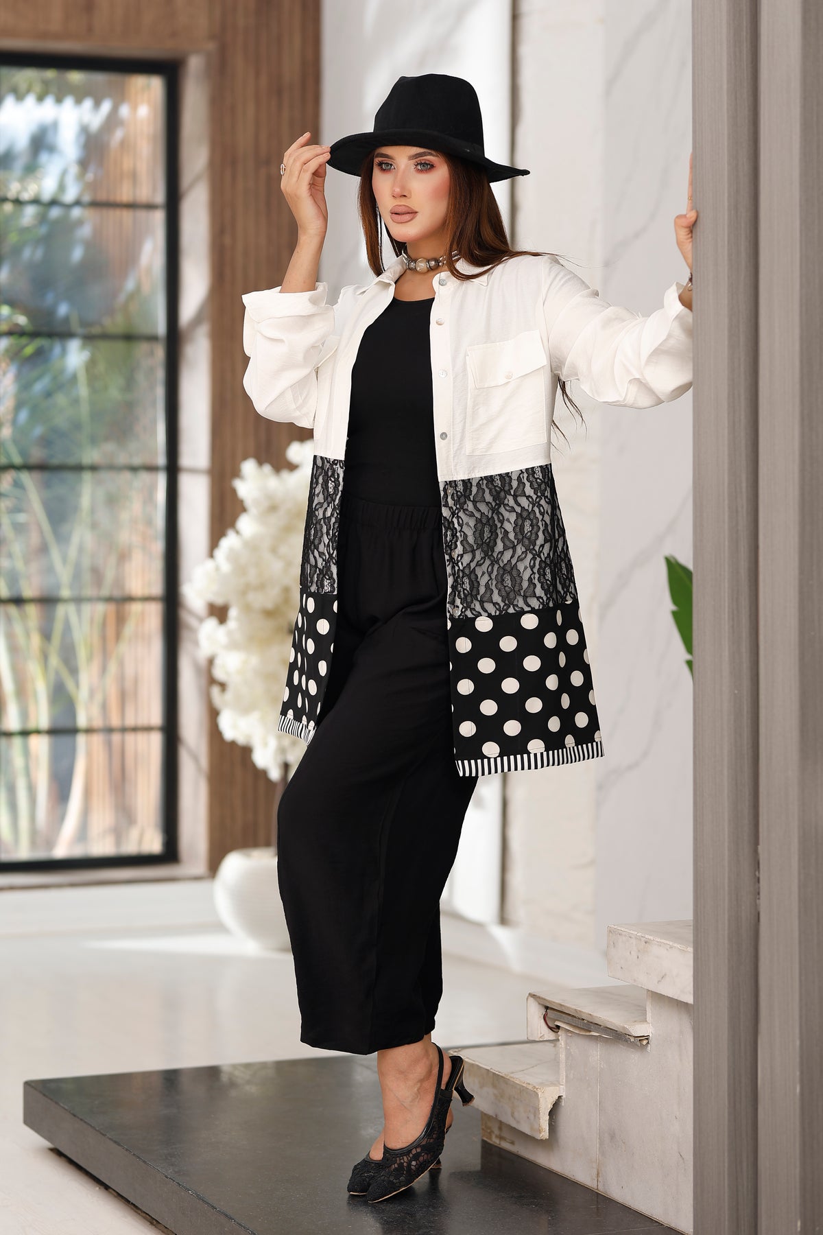Long Linen Shirt with Lace Detail