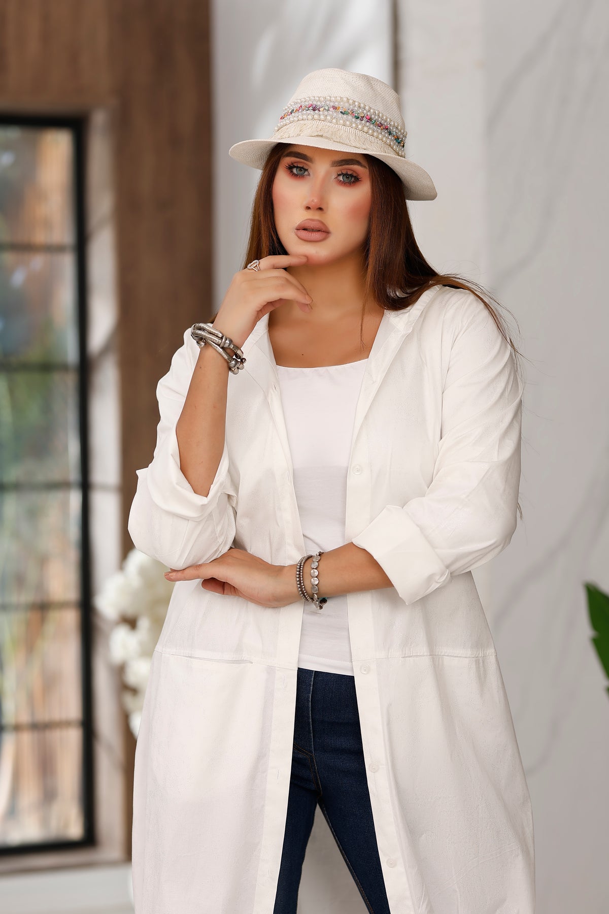 Subtly Shimmering Cotton Long Shirt