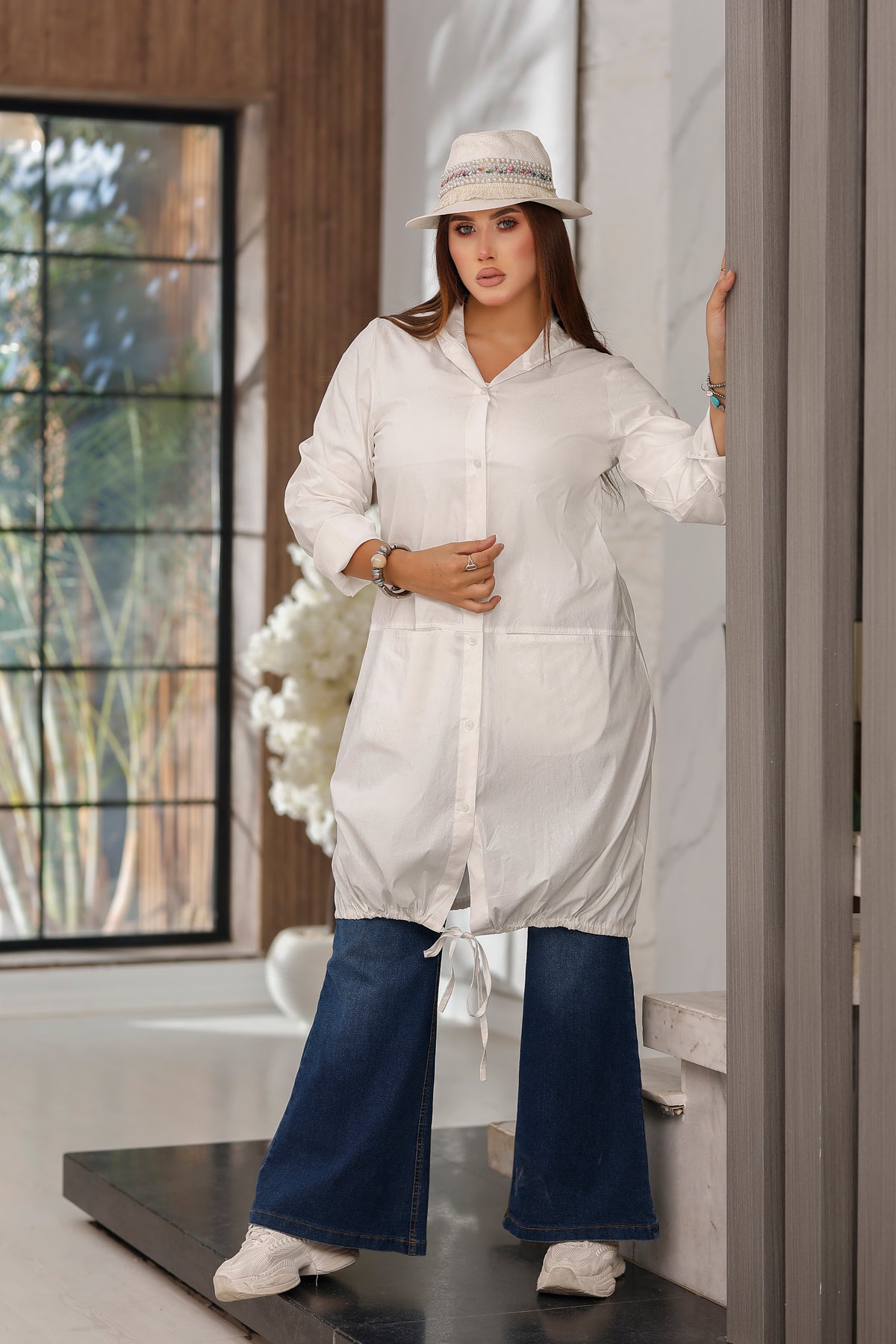 Subtly Shimmering Cotton Long Shirt